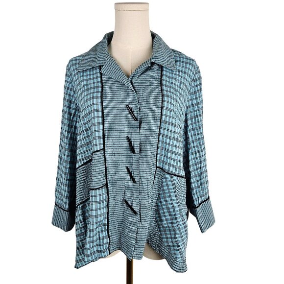 Ali Miles Blue Plaid Mixed Media  Button Top Petite Large Cottagecore Pocket - Picture 1 of 11